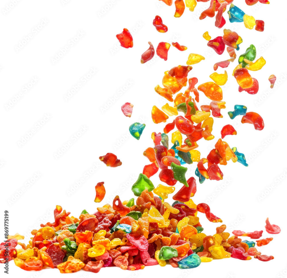 Exploding fruity pebbles cereal, individual separated and pieces ...
