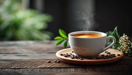 Wall Mural - A white cup with hot coffee on the table against the background of the bright lights of the cafe