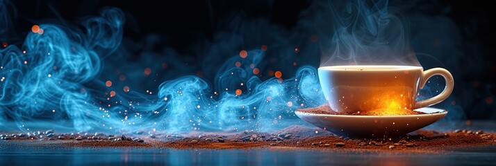 Wall Mural - Banner, A cup with hot coffee on the table with a background with special lighting effects, space for text