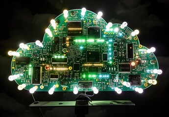 Poster - Futuristic cloud computing concept with neon diagrams - digital data storage