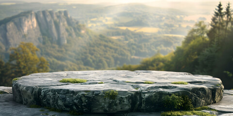 Wall Mural - Rustic stone podium with natural light, set against a blurred mountain landscape, ideal for outdoor adventure gear or eco-friendly products 