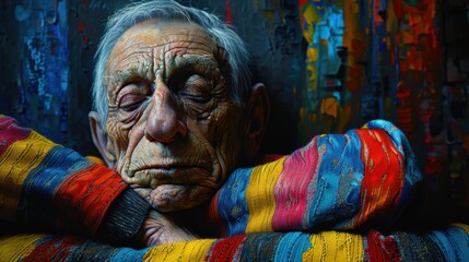Elderly man in colorful sweater rests head on arms with eyes closed, reflecting peace and contemplation in artistic, vibrant setting