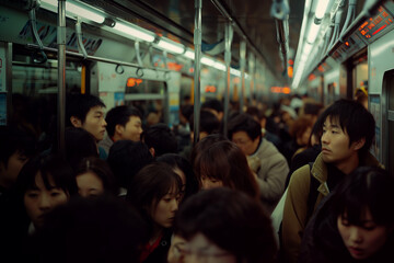 Crowds of Asian people crowd the morning commute to work on the train.