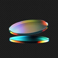 Wall Mural - 3d glass flying product podium with rainbow, holographic effect isolated on dark background. render 