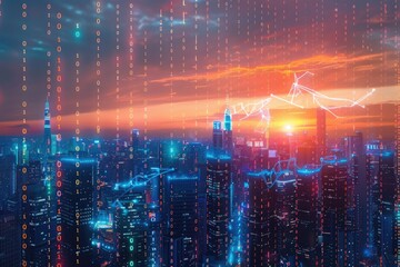 Abstract software developer programming binary computer code with modern city skyline .