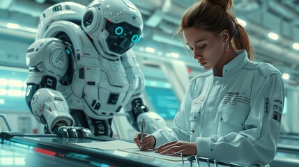  - female scientist signing a document in a futuristic laboratory with a white robot