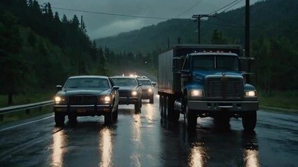 Wall Mural - American trucks driving down a wet road with other vehicles behind it rainy cinematic evening views created with generative ai.