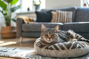 Wall Mural - Cute cat lying on soft cat bed at home