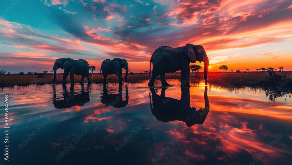 Silhouettes of elephants at sunset near water African animals in the ...