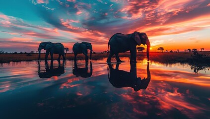 Silhouettes of elephants at sunset near water African animals in the wild, beautiful landscape, beautiful sky, African savannah Generative AI
