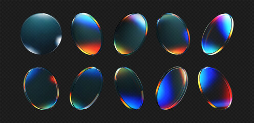 Wall Mural - 3d crystal glass plate set with rainbow, holographic effect isolated on dark background. Render transparent glass disk, product podium or mirror with iridescent gradient texture. 3d vector figure