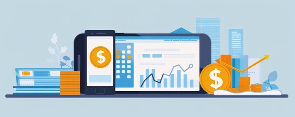 Savings account management, mobile banking, flat design illustration