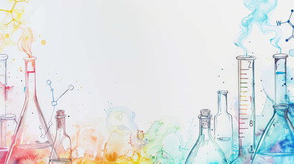 watercolor background with copy space. backdrop with test tubes and flasks with colorful liquids. Background for chemists and school children.