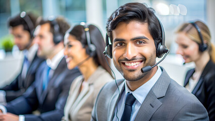 Wall Mural - Call center agent, telemarketing operator, smiling at the camera.