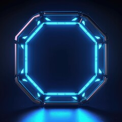 Abstract picture of beautiful geometric shape portal with digital style neon light reflecting set along city view background, create futuristic visual ideal for design science fiction cover. AIG35.