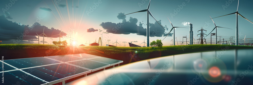 renewable energy banner background with green energy as wind turbines ...