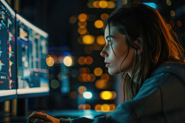 Young woman programmer working in office at workplace station