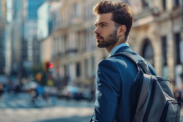 Wall Mural - Handsome businessman tourist in business suit and backpack