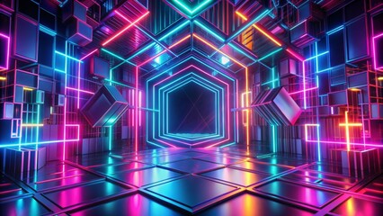 Wall Mural - Abstract Neon Lights and Cubes - Futuristic Cyberpunk 3D Render