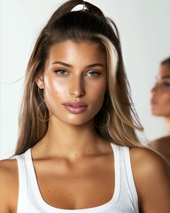 Canvas Print - A woman in white tank top with a ponytail.