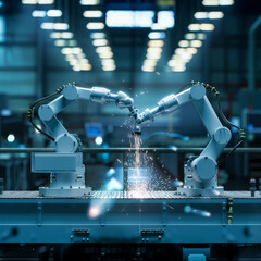 Poster - Smart industrial robot arms demonstrating digital factory production technology, showcasing automation in the manufacturing process of Industry 4.0 or the 4th industrial revolution, along with IoT.