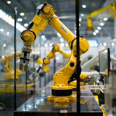 Poster - Smart industrial robot arms demonstrating digital factory production technology, showcasing automation in the manufacturing process of Industry 4.0 or the 4th industrial revolution, along with IoT.