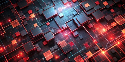 Wall Mural - Abstract Red and Blue Glowing Cubes Network 3D Render