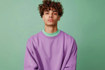 Wall Mural - Young attractive man in sweatshirt on green background