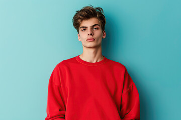 Wall Mural - Young attractive man in sweatshirt on blue background