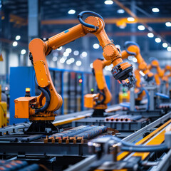 Poster - Smart industrial robot arms demonstrating digital factory production technology, showcasing automation in the manufacturing process of Industry 4.0 or the 4th industrial revolution, along with IoT.