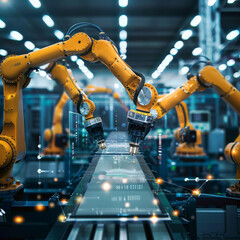 Poster - Smart industrial robot arms demonstrating digital factory production technology, showcasing automation in the manufacturing process of Industry 4.0 or the 4th industrial revolution, along with IoT.