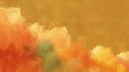 Wall Mural -   A group of colorful bubbles floats near an orange-yellow smoke wall on a brown background