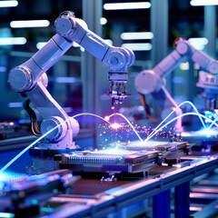 Poster - Smart industrial robot arms demonstrating digital factory production technology, showcasing automation in the manufacturing process of Industry 4.0 or the 4th industrial revolution, along with IoT.