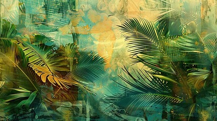 Wall Mural -   A painting depicts a lush tropical setting with swaying palm trees and vibrant flora in hues of blue, yellow, and green