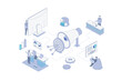© alexdndz - Digital marketing isometric concept in outline isometry design for web. People attracting audience, targeting goals, making online promotion and advertising in social networks. Vector illustration.
