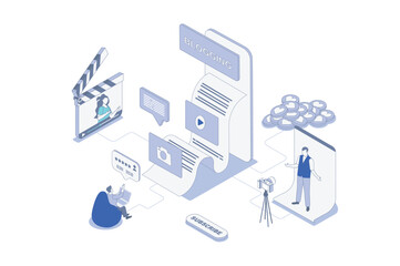 Leinwandbilder - Blogging isometric concept in outline isometry design for web. People creating new content in social media and blogs, posting and sharing video to followers, makes promotion. Vector illustration.