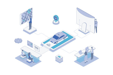 Fototapete - Taxi service isometric concept in outline isometry design for web. People ordering car online with mobile app or computer, passenger tracking route at digital map in application. Vector illustration.