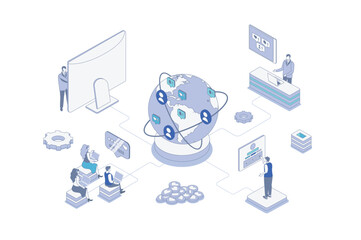 Aufkleber - Social network isometric concept in outline isometry design for web. People communicating online with global friends, subscribing to blog profiles, likes, shares of new posts. Vector illustration.