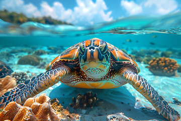 Turtle swims in ocean in shallows, gliding over colorful coral reefs. Blue clouds are visible from turquoise water. Clear water highlights marine life, concept for educational, conservation purpose