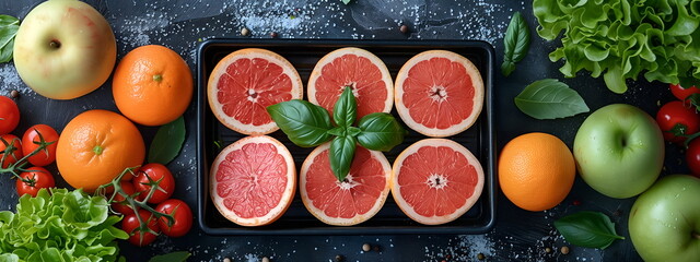 Wall Mural - Assorted of fresh organic citrus fruits and vegetables on dark surface. Includes grapefruit, apple, cherry tomato, lettuce, leafy greens. Banner, flat lay, top view. Organic food, farm to table