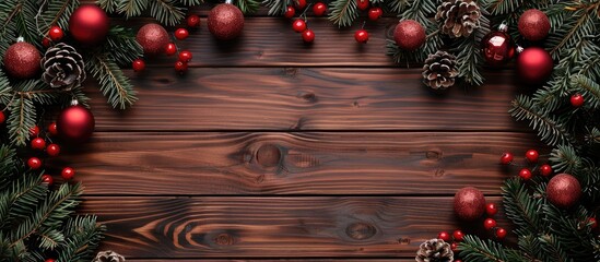 Poster - Wooden texture with Christmas decor frames instant with copy space image.