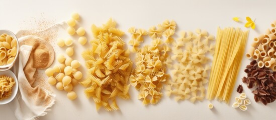 Poster - Various types of uncooked pasta like penne, fusilli, farfalle, and spaghetti arranged on a light concrete surface in a flat lay style with room for additional elements in the image.