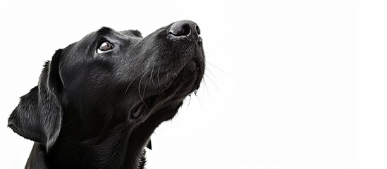Poster - A black Labrador Retriever gazes upward in a portrait isolated on a white background, providing ample copy space on the right side for text or graphics.