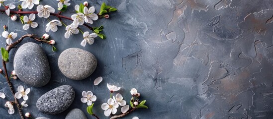 Sticker - An image representing a spa salon with symbolic objects for stone therapy procedures. It depicts a balance of rocks and flowers in a close-up top-view shot with a background and space for text.