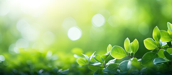 Aufkleber - Blurry bokeh background featuring a green leaf with copy space image for a fresh, abstract, natural backdrop.