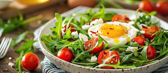 Aufkleber - Arugula salad with cherry tomatoes, cheese, and egg in a bowl on a table with selective focus for a copy space image.