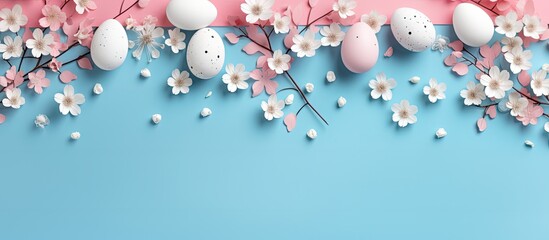 Poster - Modern blue Easter eggs and white flowers arranged as a border on a pink background, ideal for a greeting card template with copy space image.
