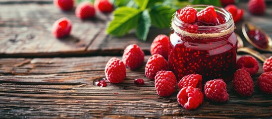 Poster - Picture of raspberry jam in a glass jar displayed on a rustic wooden table, with ample space for additional text or graphics.