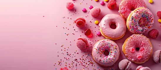 Poster - Sweet donuts and candies on a soft pink backdrop for an influencer photo with a food theme, perfect for a banner, with plenty of copy space image.