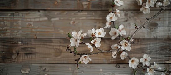 Canvas Print - A branch with spring flowers displayed on a wooden backdrop, providing a charming copy space image.